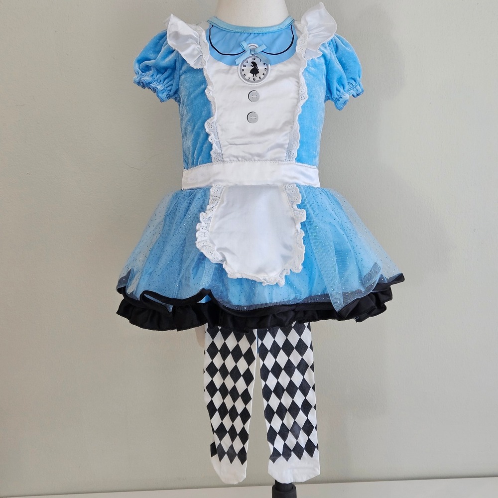 Disney Baby Alice in Wonderland Costume 12/18M Blue Velvet Tulle Set Check Legs